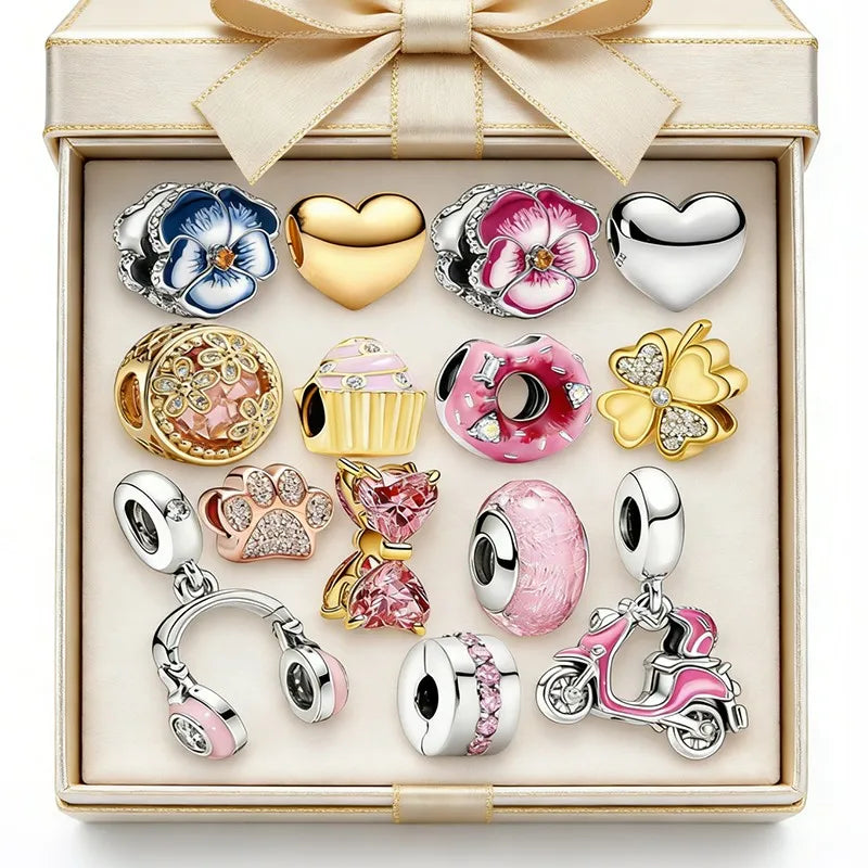 Hot Item DIY Sparkling Flower Cake Claw Print Heart-shaped Series Charm Bead Pendant Clips Fit Original Snake Bone Bracelet Gift