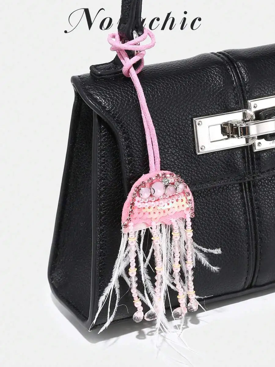 Handmade Beaded Jellyfish Bag Charm With Feather Tassels For Women Summer Beach Accessory