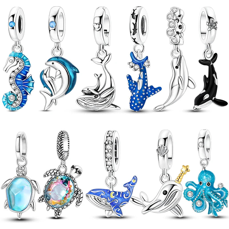 925 Sterling Silver Charms Summer Tortoise Whale Shark Seahorse Dolphin Starfish Pendant Bead Fit Bracelet Diy For Woman Jewelry